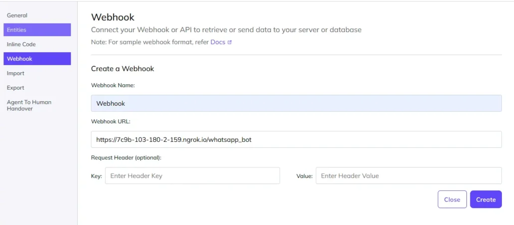 Kommunicate's "Integrate your AI agent with Kommunicate" modal showing three setup steps: create a webhook endpoint, set up authentication, then paste the webhook URL. The Webhook URL field is filled with https://7c9b-103-180-2-159.ngrok.io/whatsapp_bot. An optional Request Header section with Key and Value fields is shown below, followed by Cancel and Next buttons.