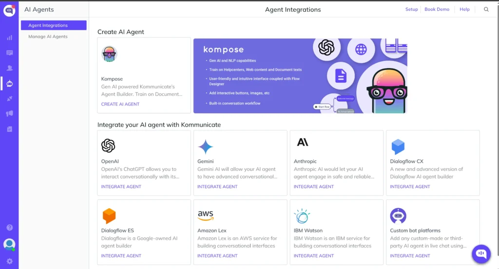 Kommunicate dashboard showing the Agent Integrations screen. The top section features Kompose, Kommunicate's native AI bot builder with Gen AI and NLP capabilities. Below it, integration options are displayed for OpenAI, Gemini, Anthropic, Dialogflow CX, Dialogflow ES, Amazon Lex, IBM Watson and custom bot platforms.