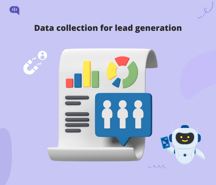 Illustration depicting a chatbot assisting with data collection for lead generation, visualized by charts and a group of people.