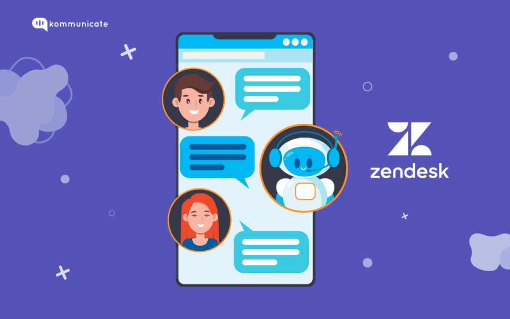 Boost Customer Support with Zendesk Chat and Chatbot Cover image of A smartphone screen showing a chat interface with a customer service agent and two customers. A chatbot is also visible in the conversation. The Zendesk logo is in the bottom right corner.