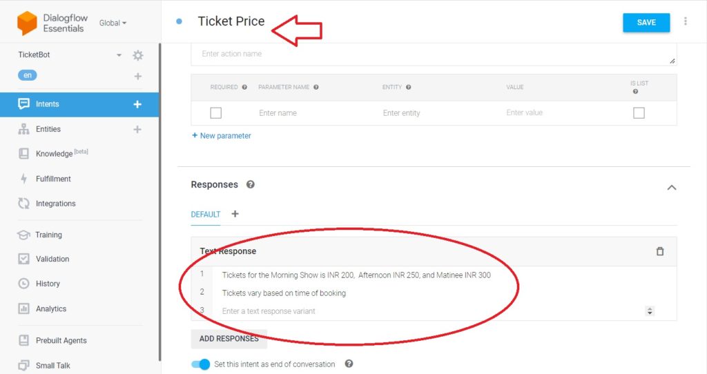 Editing a new intent to provide more details to the user