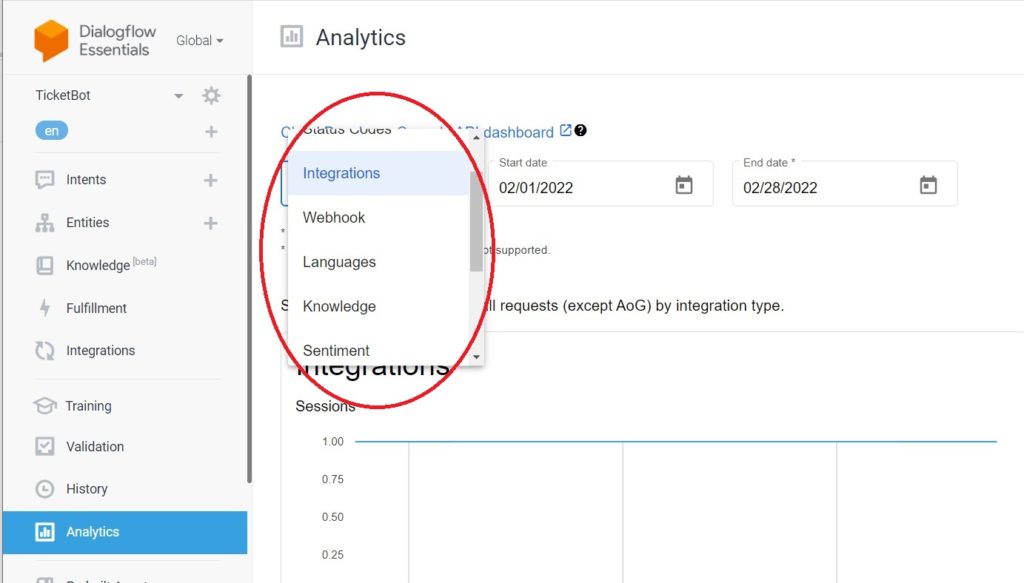 Dialogflow Analytics menu options