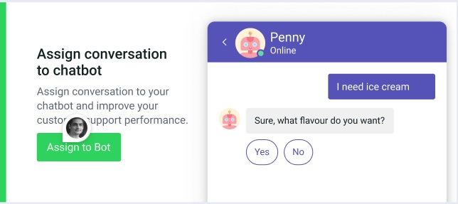 Screenshot showing how to assign a customer conversation to a chatbot for automated support.