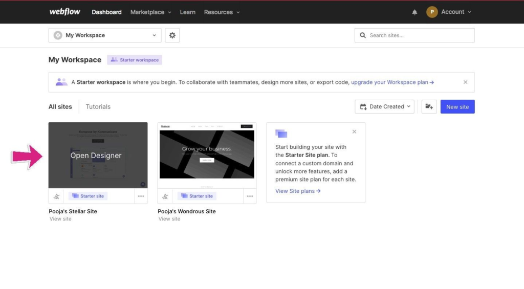 Webflow dashboard