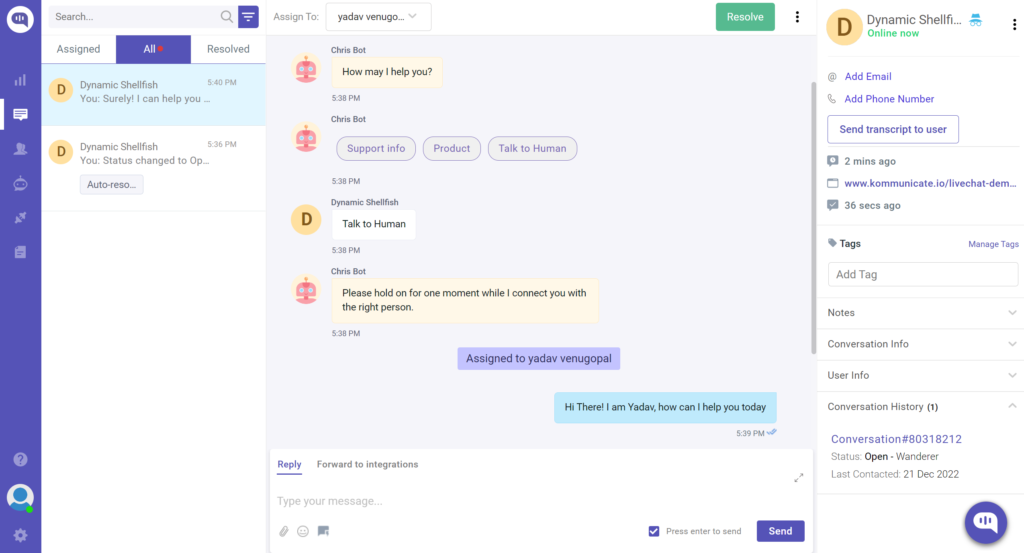 A live chat interface showing a conversation between a customer and a bot. The bot asks "How may I help you?" and the customer selects the option "Talk to Human." The bot then assigns the conversation to a human agent named Yadav.