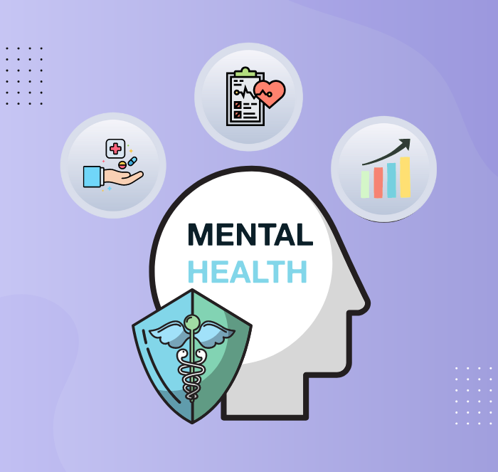 An illustration representing mental health with icons of medical care, a heart rate monitor, a growth chart, and a shield with a caduceus symbol, set against a purple background. The words "MENTAL HEALTH" are prominently displayed in the center.