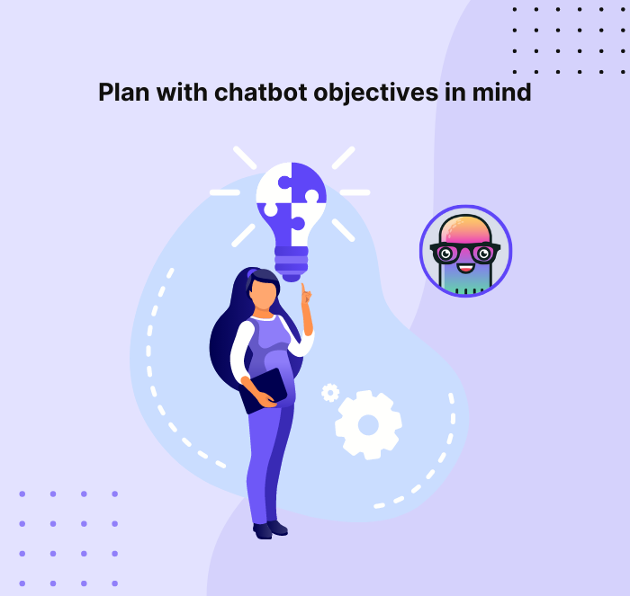 Illustration of a woman pointing to a lightbulb made of puzzle pieces, with a chatbot icon, representing planning chatbot objectives.