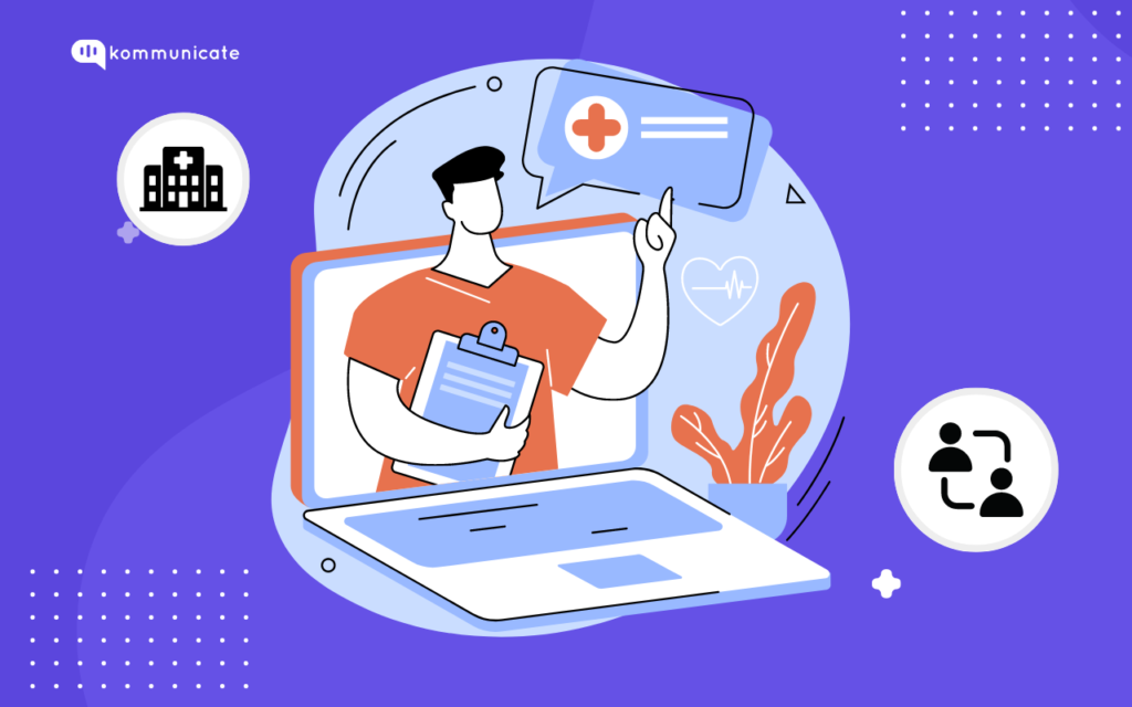 Illustration of a doctor on a laptop screen providing telehealth services, with icons representing a hospital and patient connection.