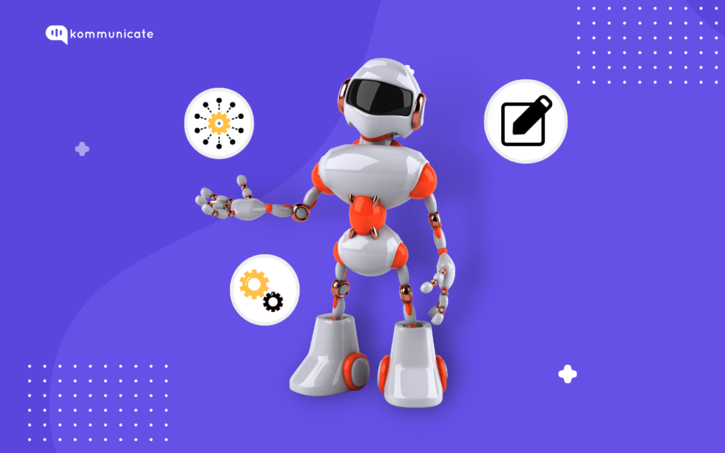 3D rendering of a white and orange robot with icons for settings (gears), connections (network), and editing (pencil).
