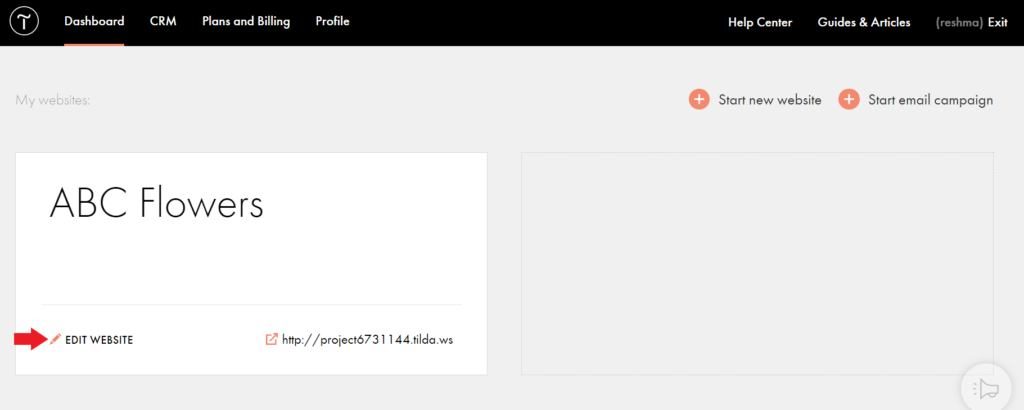 Tilda dashboard showing website "ABC Flowers" with an edit option.