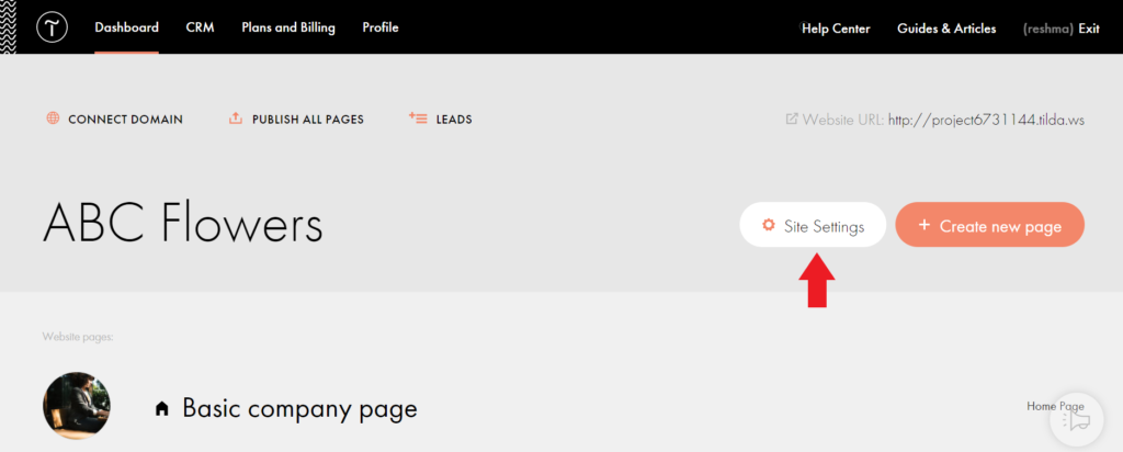 Screenshot of the Tilda dashboard with an arrow pointing to the "Site Settings" button for the "ABC Flowers" website.