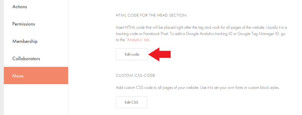 Screenshot of website settings with an arrow pointing to the "Edit code" button for the HTML head section.