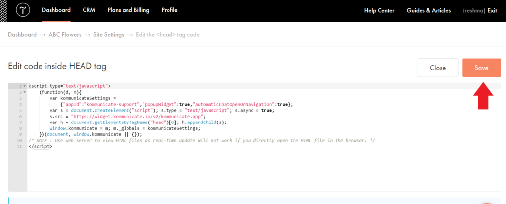 Screenshot of the HTML <head> tag code editor within a website platform, with a red arrow pointing to the "Save" button. The code includes a script for Kommunicate.