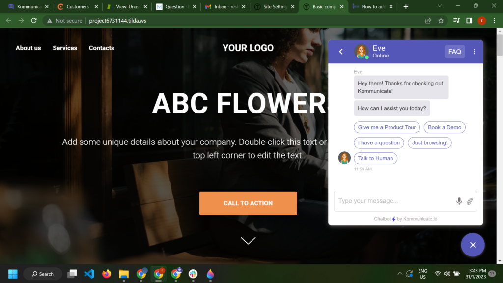 Landing page of ABC flower with kommunicate chatbot