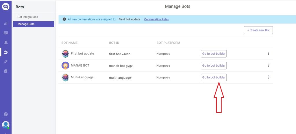 Screenshot of the Kommunicate "Manage Bots" interface, listing existing bots and providing access to the bot builder.