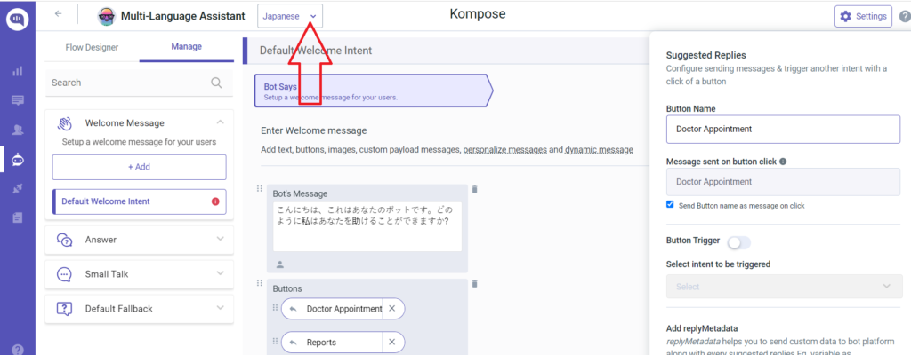 screenshot of a chatbot building interface, specifically showing the configuration of a multi-language (Japanese) welcome message and setting up interactive buttons with triggered intents.