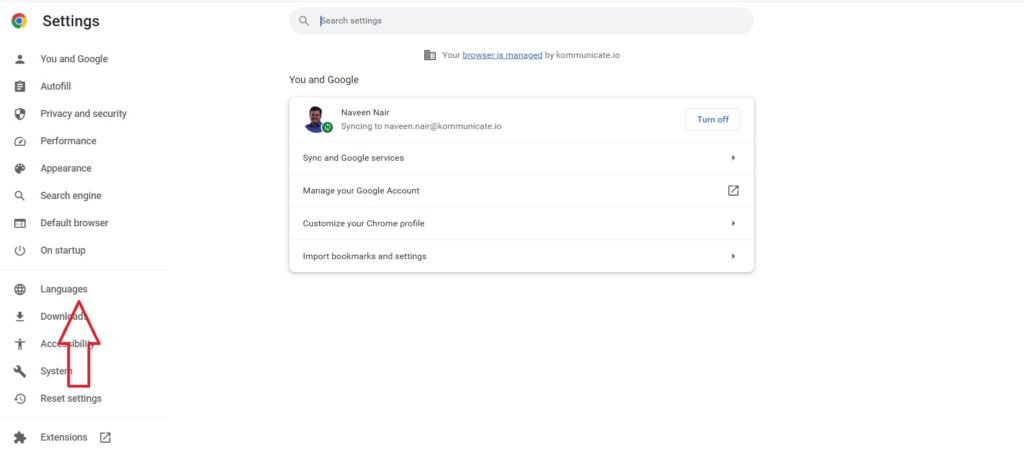 Screenshot of Google Chrome's settings page, highlighting the "Languages" section.