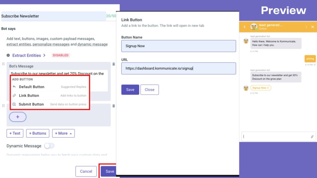 Set-up buttons in the bot flow in Kommunicate as per your need