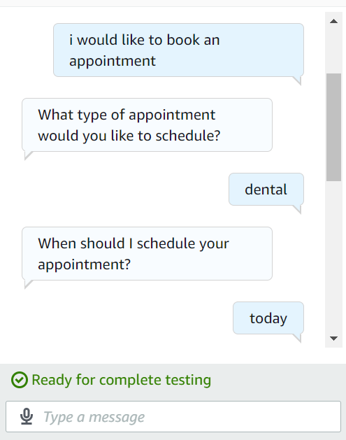 Screenshot of a chatbot conversation scheduling a dental appointment for today.