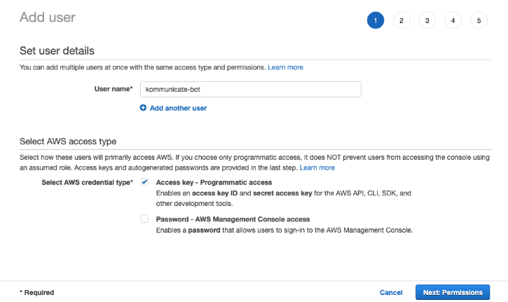 Screenshot of the AWS IAM "Add user" form, configuring programmatic access for a user named "kommunicate-bot."