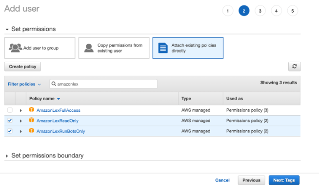 Screenshot of the AWS IAM "Set permissions" step, attaching Amazon Lex policies to a user.