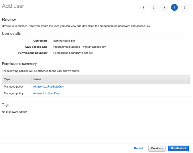 Screenshot of the AWS IAM "Review" step before creating a user named "kommunicate-bot" with programmatic access and specific permissions.
