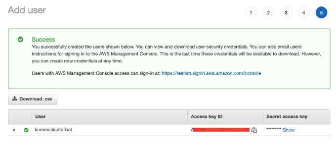 Screenshot of the AWS IAM confirmation screen after successfully creating the user "kommunicate-bot."