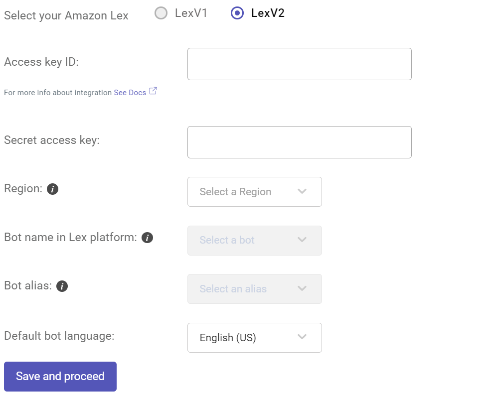 Screenshot of the Kommunicate interface for integrating with Amazon Lex V2, showing input fields for credentials and bot selection.