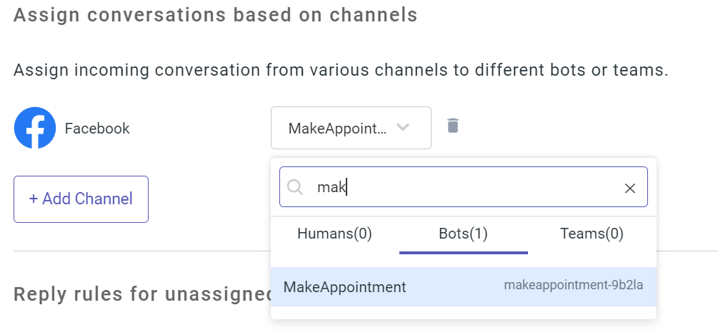 Screenshot of Kommunicate's interface for assigning conversations based on channels, showing the selection of the "MakeAppointment" bot for Facebook.