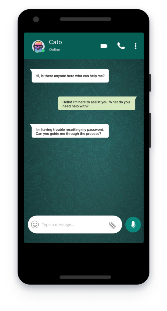 Screenshot of a mobile chat conversation with Cato about resetting a password.