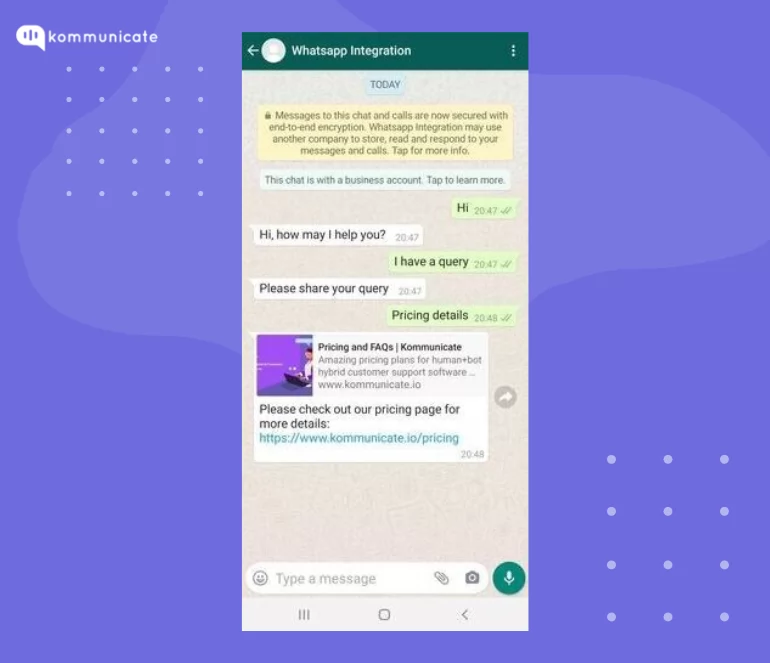 A WhatsApp chat with a business account named Kommunicate. The conversation is about pricing details.