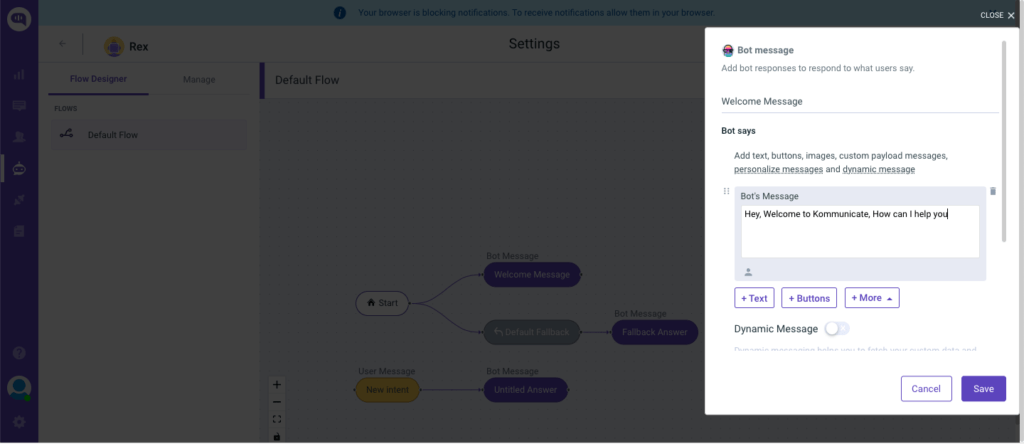 Entering the welcome message for your WhatsApp chatbot on Kommunicate