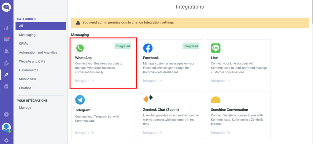 whatsapp integration in chatbot