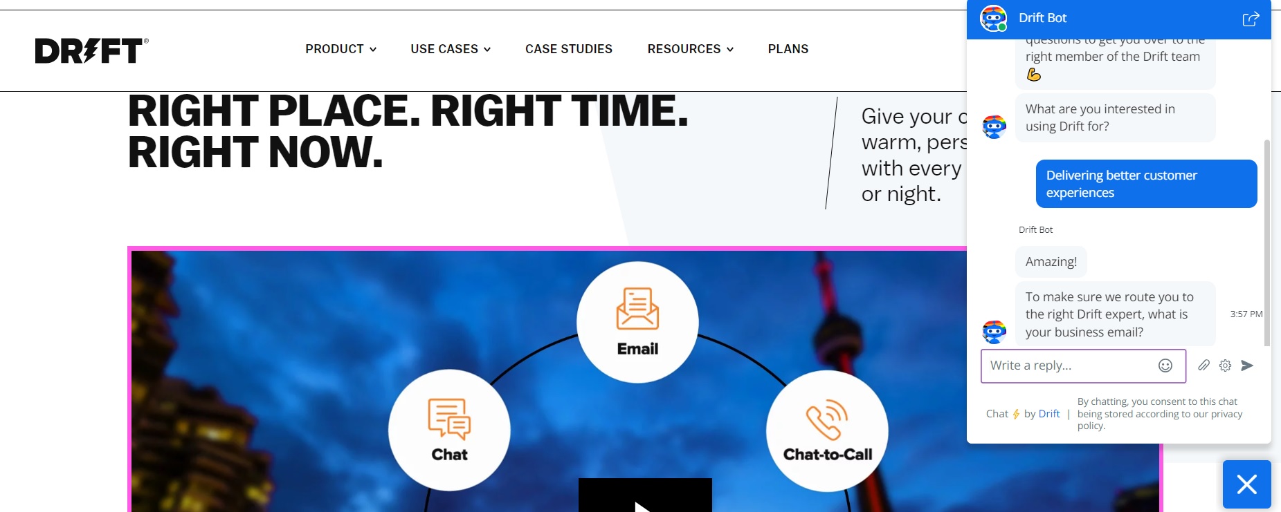 Screenshot of the Drift website homepage featuring a chatbot conversation, with options for email, chat, and chat-to-call. Screenshot of the Drift website homepage featuring a chatbot conversation, with options for email, chat, and chat-to-call.