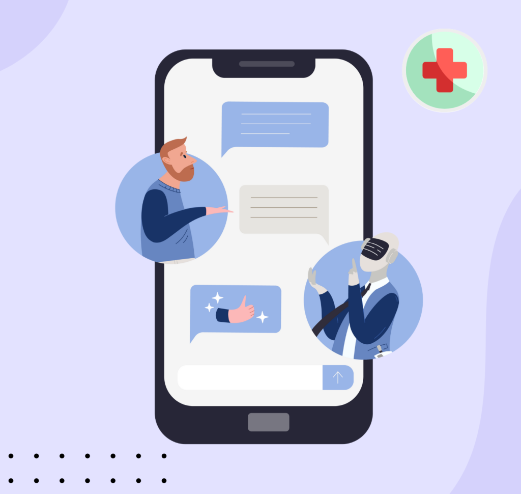 A smartphone screen displaying a chat between a human and a medical chatbot, with a medical cross icon in the top right.