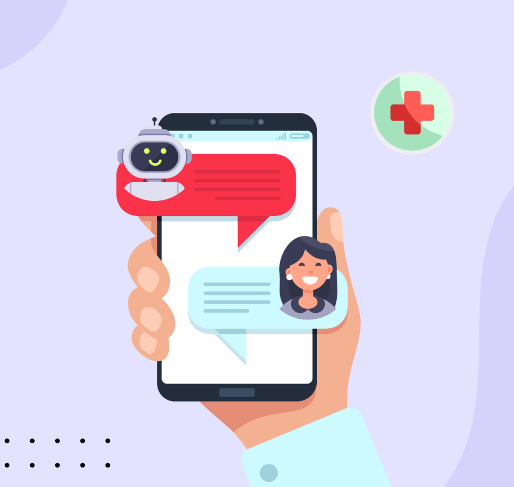 A hand holding a smartphone showing a chat conversation between a medical chatbot and a human user, with a medical cross icon nearby.
