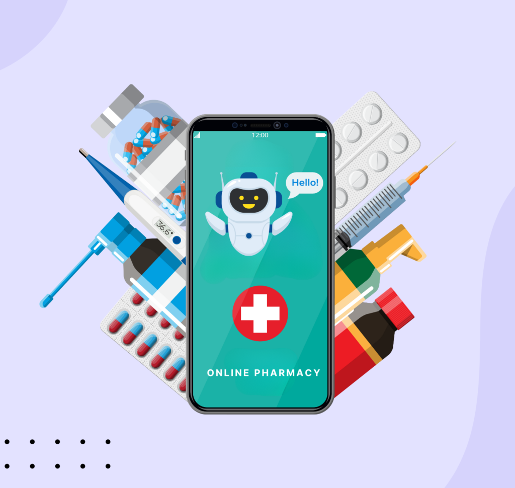 A smartphone displaying a medical chatbot and "Online Pharmacy" text, surrounded by medical supplies like pills, a thermometer, and a syringe.