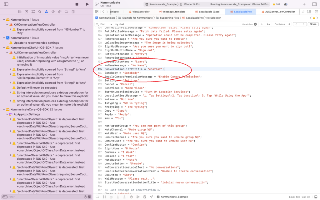 Screenshot of Xcode showing localization strings for a chat application. The string "ConversationListVCTitle = "charlar";" is circled, indicating it's the current focus. It appears to be the Spanish translation for the title of the conversation list view.