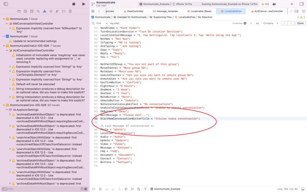 Xcode interface showing localization strings with the Spanish translation "Iniciar nueva conversación" (Start New Conversation) highlighted for the StartNewConversationButtonTitle key.