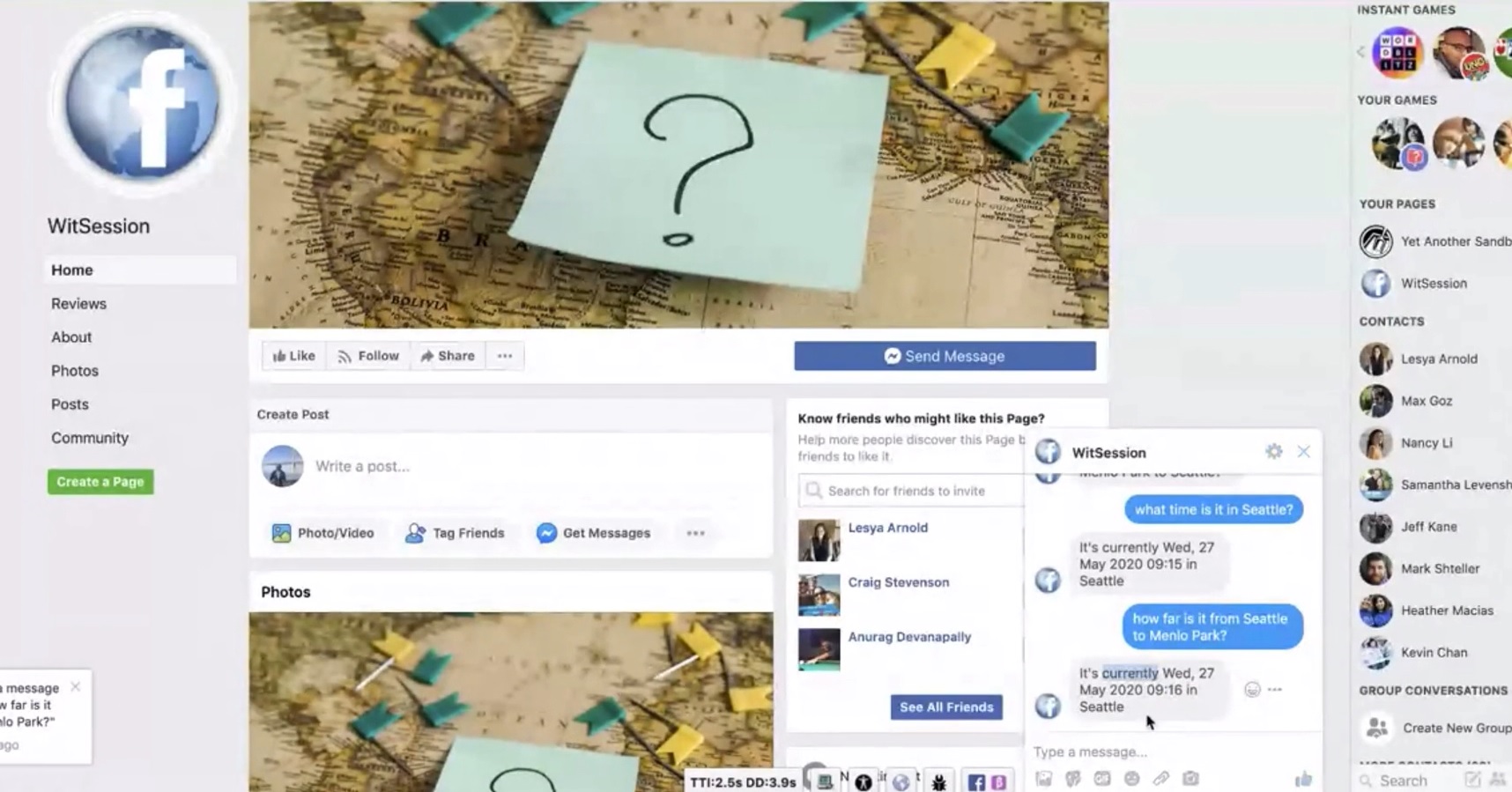 Screenshot of a Facebook page called "WitSession" featuring a question mark post, comments section with questions about time and distance, and a group chat conversation. Screenshot of a Facebook page called "WitSession" featuring a question mark post, comments section with questions about time and distance, and a group chat conversation.