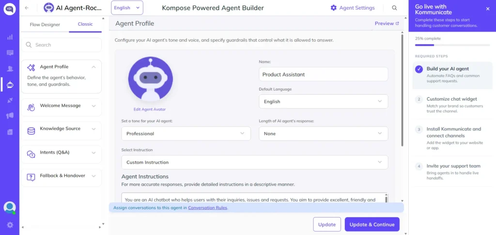 A screenshot of a chatbot creation interface showing a selection of ready-made templates. The highlighted template is labeled "Blank" and the description reads "Build your bot from scratch." Other templates include Customer Support, Book a Meeting, eCommerce, Lead Collection, Insurance, Restaurants, and Education. Agent Profile setup screen in Kommunicate Kompose Powered Agent Builder showing name, language, tone and instruction fields