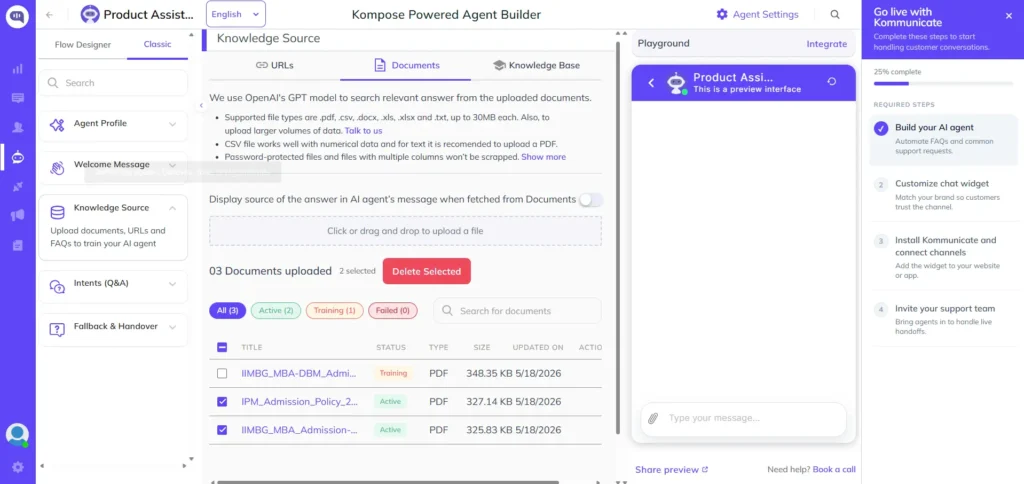 A screenshot of a chatbot creation interface showing the "Set up your bot" section. The user has entered "Lead Generation bot" for the bot name and is selecting a bot photo from a list of options. The default language is set to English. Knowledge Source Documents tab in Kommunicate showing uploaded PDF files with Active and Training status badges