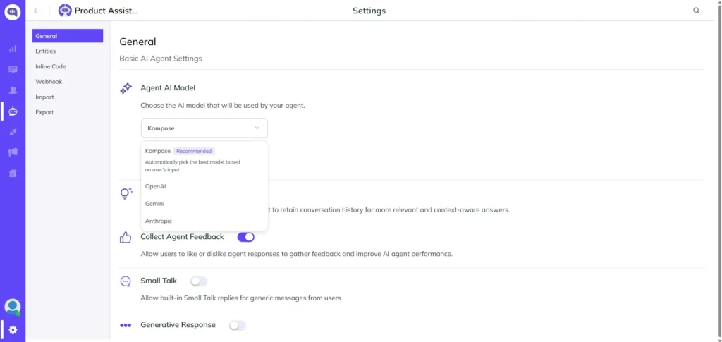 A screenshot of a chatbot creation interface showing the "Human handoff" section. The user is asked if they want to enable automatic bot-to-human handoff. The current selection is "Disable this feature." Below that is a button labeled "Finish bot setup. Agent AI Model selection in Kommunicate settings showing Kompose, OpenAI, Gemini and Anthropic options