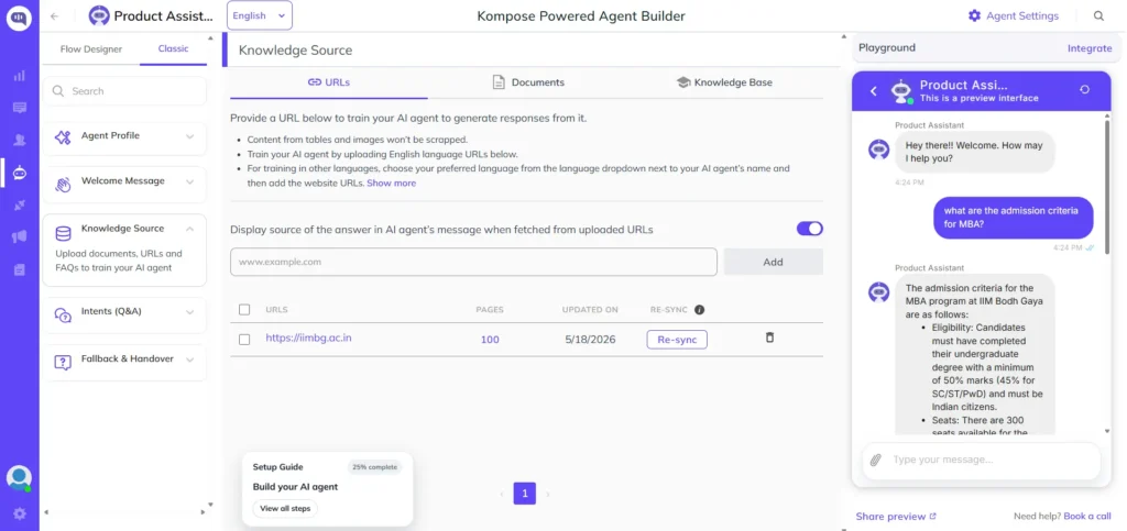 A screenshot of a chatbot builder interface showing the "Lead Generation Bot" settings. The main area displays a flow diagram with nodes for "Start flow," "Welcome Message," "Default Fallback," "Fallback Answer," and "Untitled Answer." There are buttons for "Build," "Manage," and "Settings. Knowledge Source URLs tab in Kommunicate Kompose Powered Agent Builder showing a trained URL with page count and Re-sync option