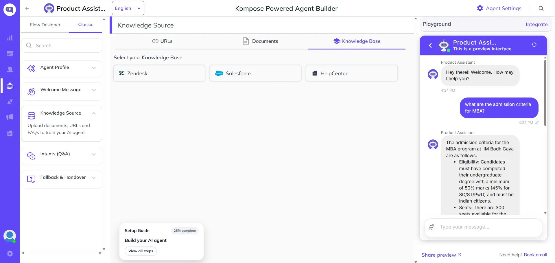 Chatbot interface displaying a conversation about the signs and symptoms of pneumonia, listing symptoms like fever, chills, cough, fatigue, and respiratory distress. The chatbot is powered by Kommunicate.io Knowledge Source Knowledge Base tab in Kommunicate Kompose showing Zendesk, Salesforce and HelpCenter integration options