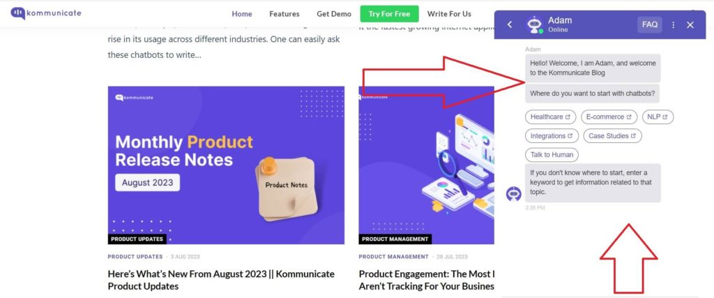 Image showing an AI chatbots used on websites that helps visitors to find what they are looking for instantly.