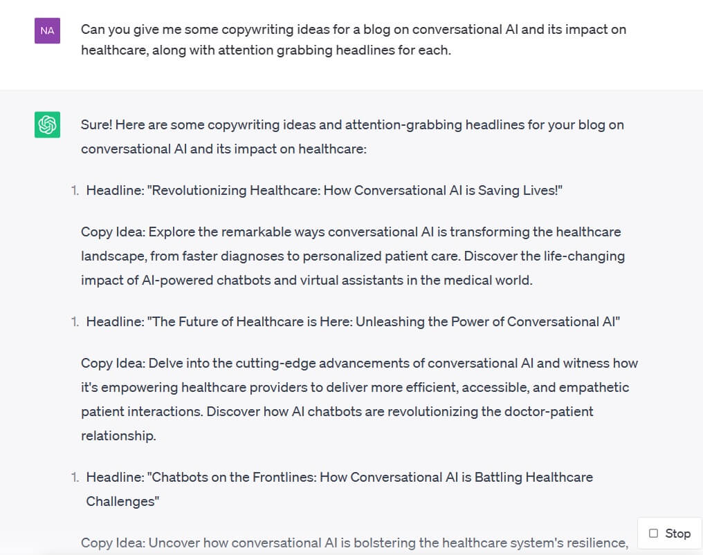 Screenshot of a text generation interface providing headline and copy ideas for a blog about the impact of conversational AI on healthcare.