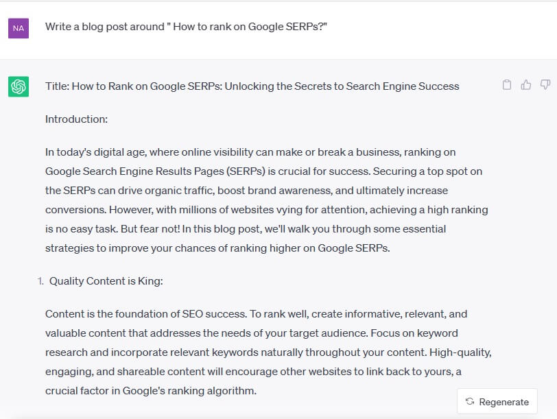 Screenshot of a text generation interface showing the beginning of a blog post titled "How to Rank on Google SERPs: Unlocking the Secrets to Search Engine Success," emphasizing quality content.