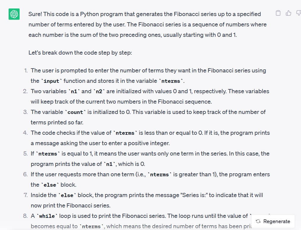 Screenshot of a text explanation of a Python code snippet that generates a Fibonacci sequence.