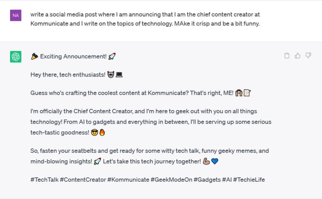 Screenshot of a social media post announcing the user as the Chief Content Creator at Kommunicate, writing about technology. The post uses a lighthearted and engaging tone.